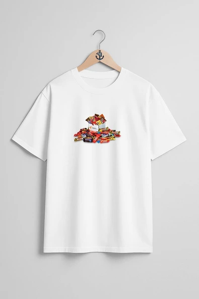 Oversize Çikolata Sepeti Hediye Göğüs Tasarımlı Unisex T-Shirt - Resim 7