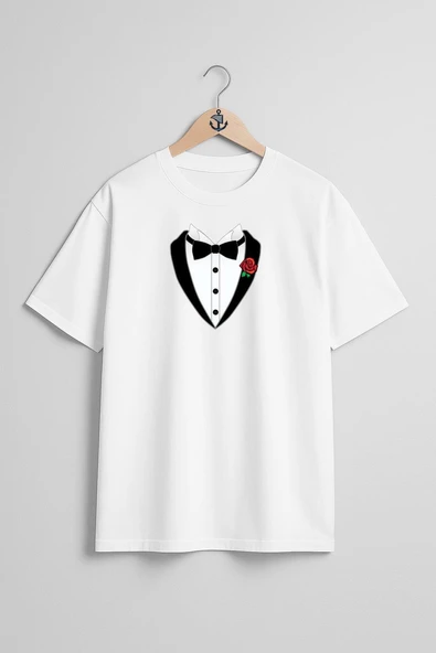 Oversize Papyon Smokin Ve Çiçek Göğüs Tasarımlı Unisex T-Shirt - Resim 5