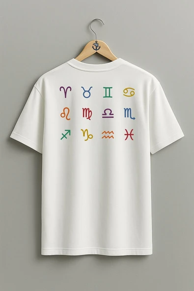 Oversize Horoscope Logo İllustration, Astrological Sign Zodiac Sırt Tasarımlı Unisex T-Shirt - 1