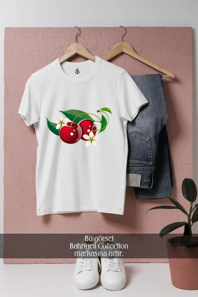 Oversize Çiçekli Kiraz Cherry  Tasarımlı Unisex T-Shirt - Resim 7