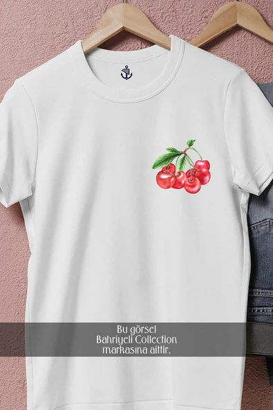 Oversize Double Cherry Kiraz  Cep Tasarımlı Unisex T-Shirt - Resim 2