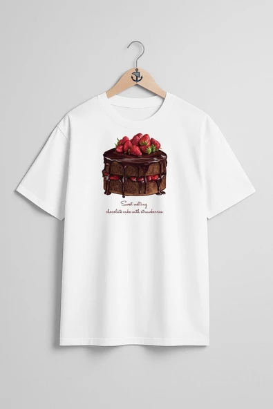 Oversize Çilekli Ve Çikolatalı Pasta Göğüs Tasarımlı Unisex T-Shirt - Resim 5