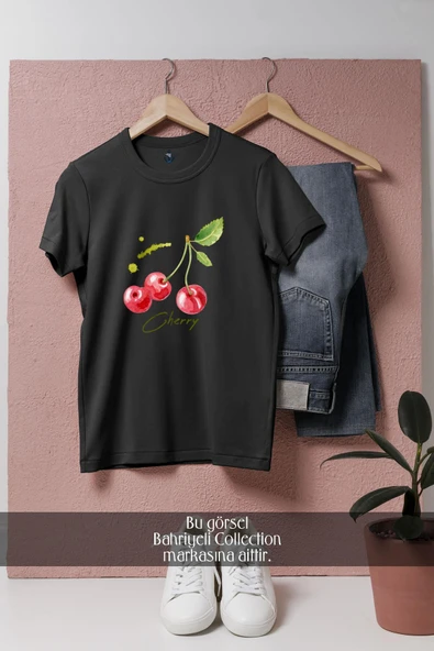 Oversize Cherry Vektörel  Tasarımlı Unisex T-Shirt - Resim 4