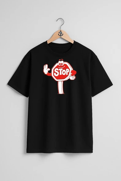 Oversize Stop Dur Tabelası Göğüs Tasarımlı Unisex T-Shirt - Resim 9