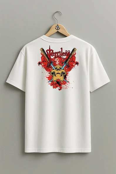 Oversize Kılıçlar Kafatası Baskısı Cep ve Sırt Tasarımlı Unisex T-Shirt - Resim 11