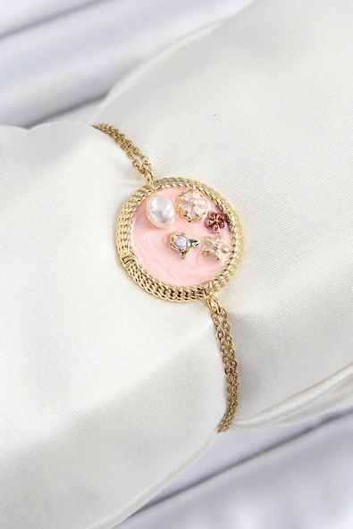 316L Çelik Zincir Pembe Mineli Sanatsal Portre İnci Detaylı Çiçek Model Gold Renk Kadın Bileklik - TJ-BB7229 ürün görseli