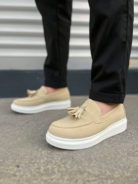 JY154 Blaze Bağcıksız Püsküllü Süet Erkek Günlük Spor Klasik Ayakkabı SBT - Krem - Resim 2