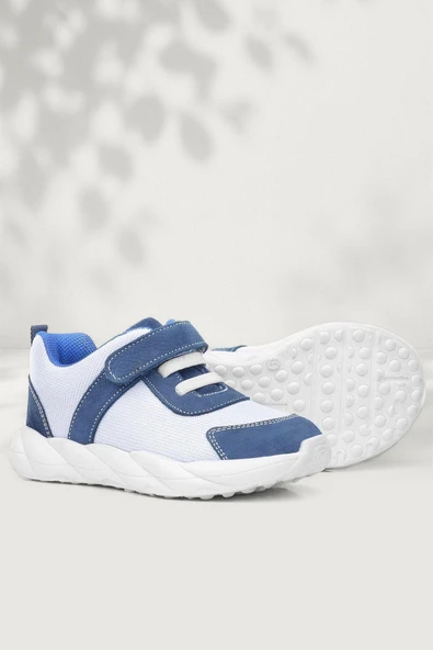 Rakerplus Barefoot Hakiki Deri Krem Lacivert Cırt Cırtlı Çocuk Spor Ayakkabı ürün görseli 1