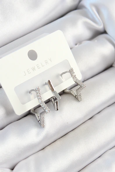 Pirinç Zirkon Taşlı Yıldız Model Gümüş Renk 3'lü Çift Kadın Küpe Set - TJ-BKP10798 ürün görseli 1