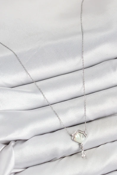 Pirinç Zirkon Taşlı İstiridye Model Gümüş Renk Kadın Kolye - TJ-BKO10417 - Resim 2