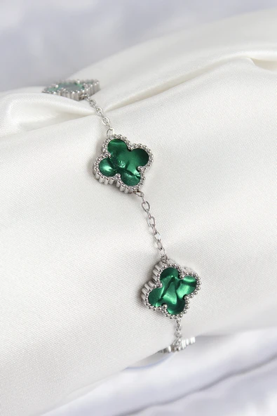 316L Çelik Sedefli Zümrüt Yeşil Gümüş Renk Yonca Kadın Bileklik - TJ-BB7672 ürün görseli