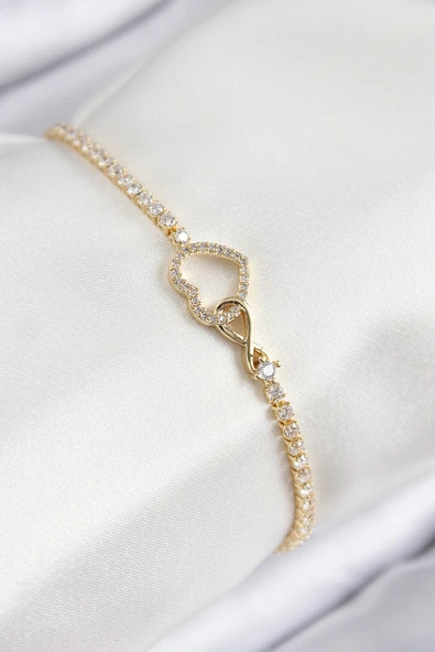Pirinç Zirkon Taşlı Sonsuzluk Kalp Model Gold Renk Kadın Bileklik - TJ-BB7693 ürün görseli