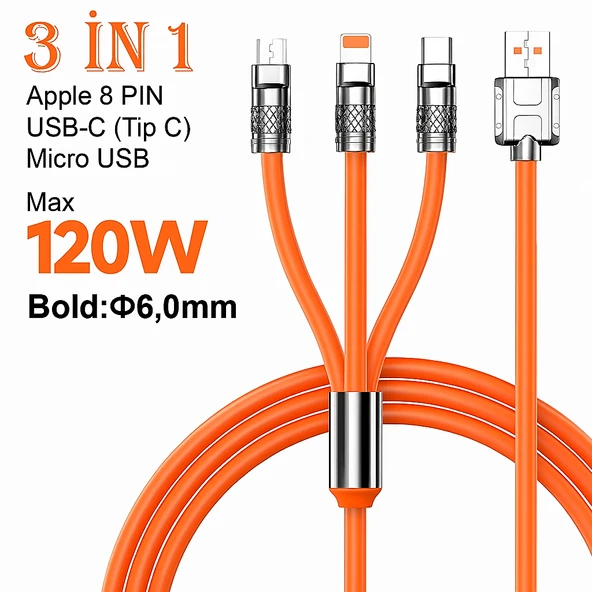 3'ü 1 Arada 120W Destekli Hızlı Şarj Kablosu  TypeC iPhone, Micro USB