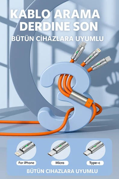 3'ü 1 Arada 120W Destekli Hızlı Şarj Kablosu  TypeC iPhone, Micro USB - 3
