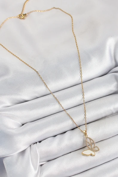 316L Çelik Zirkon Taşlı Kelebek Model Gold Renk Kadın Kolye - TJ-BKO10359 - Resim 2