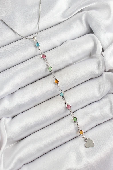 Pirinç Gümüş Renk Karışık Renk Zirkon Taşlı Y Kadın Kolye - TJ-BKO10339 ürün görseli