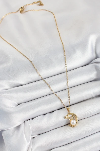 316L Çelik İnci Detaylı Hilal Tavşan Model Gold Renk Kadın Kolye - TJ-BKO10347 - Resim 2