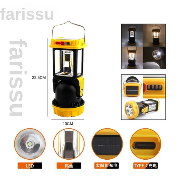 Çok Fonksiyonlu Şarjlı Kamp Lambası Feneri - Güneş Enerjili, Powerbank Özellikli, 4 Modlu, Suya Dayanıklı - 2