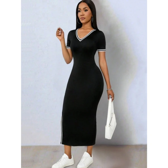 Lucky Life Kadın Kısa Kollu V Yakalı Yandan Yırtmaçlı Viskon Iki Iplik Elbise - 4