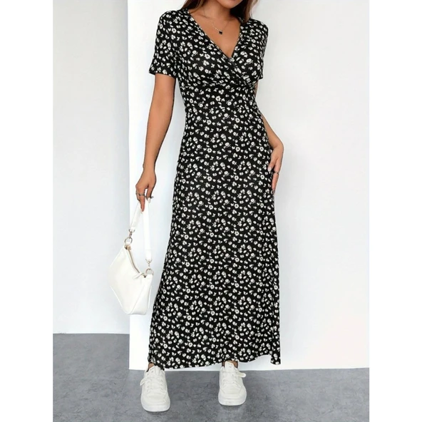 Lucky Life Kadın Kısa Kollu Kruvaze Yakalı çiçek Desenli Süprem Elbise - 6