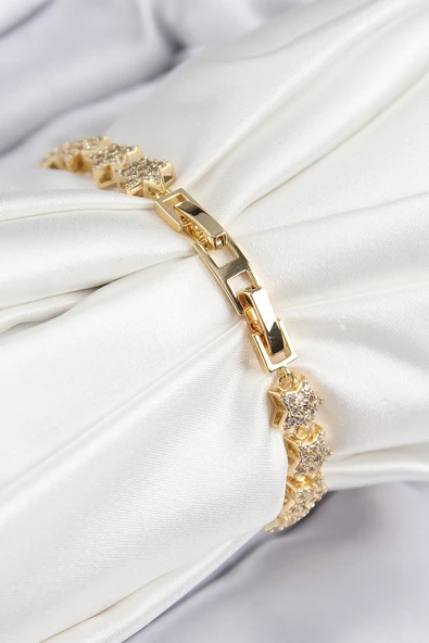 VIP Seri Pirinç Zirkon Taşlı Sıralı Yıldız Model Gold Renk Kadın Bileklik - TJ-BB7697 - 2