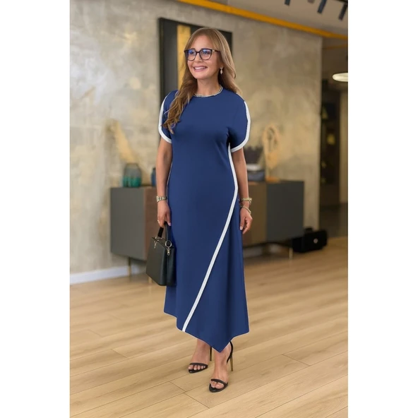 Lucky Life Kadın Kısa Kollu Bisiklet Yaka çift şerit Renk Detaylı Asimetrik Kesim Viskon Iki Iplik Elbise