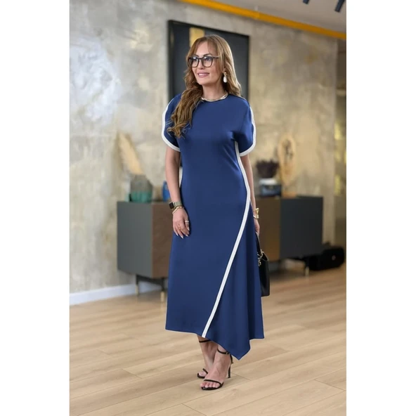 Lucky Life Kadın Kısa Kollu Bisiklet Yaka çift şerit Renk Detaylı Asimetrik Kesim Viskon Iki Iplik Elbise - 3