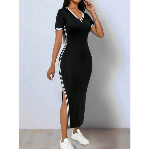 Lucky Life Kadın Kısa Kollu V Yakalı Yandan Yırtmaçlı Viskon Iki Iplik Elbise - 6