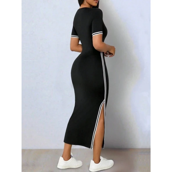 Lucky Life Kadın Kısa Kollu V Yakalı Yandan Yırtmaçlı Viskon Iki Iplik Elbise - 5