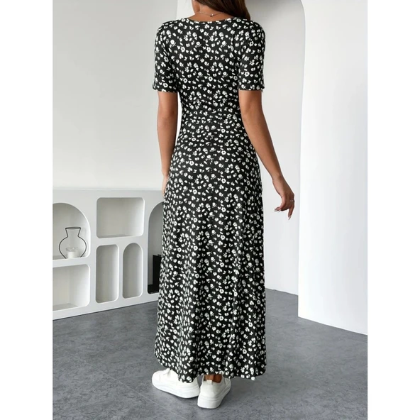 Lucky Life Kadın Kısa Kollu Kruvaze Yakalı çiçek Desenli Süprem Elbise - 9