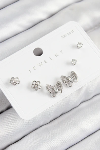 Pirinç Zirkon Taşlı Kelebek Model Gümüş Renk 925 Ayar Gümüş Çivi Kadın Küpe Set ürün görseli