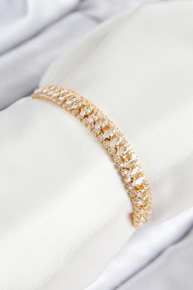 Pirinç Zirkon Taşlı Tennıs Model Gold Renk Asansörlü Kadın Bileklik