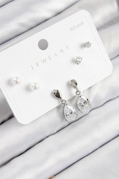 Pirinç Zirkon Taşlı Sallantılı Damla Model Gümüş Renk 925 Ayar Gümüş Çivi Kadın Küpe Set