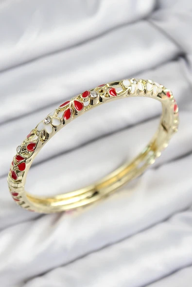 Mineli Pirinç Zirkon Taşlı Kırmızı Çiçek Motifli Gold Kadın Kelepçe ürün görseli 1