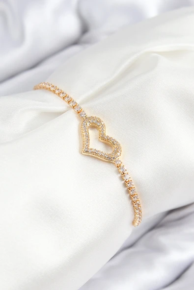 Pirinç Zirkon Taşlı Kalp Model Gümüş Renk Asansörlü Kadın Bileklik ürün görseli 1