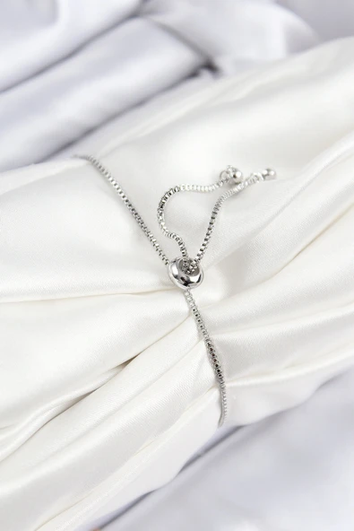 Pirinç Zirkon Taşlı Damla Model Gümüş Renk Asansörlü Kadın Bileklik - Resim 2