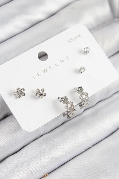 Pirinç Zirkon Taşlı Halka Model Gümüş Renk 925 Ayar Gümüş Çivi Kadın Küpe Set ürün görseli