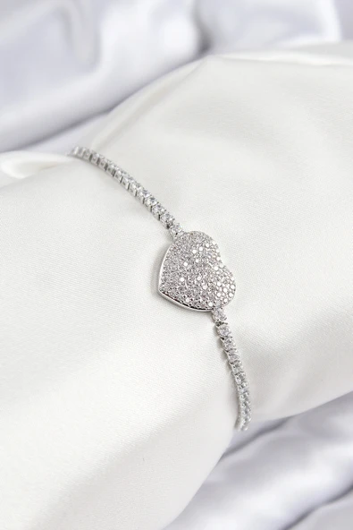 Pirinç Zirkon Taşlı Kalp Model Gümüş Renk Asansörlü Kadın Bileklik ürün görseli 1