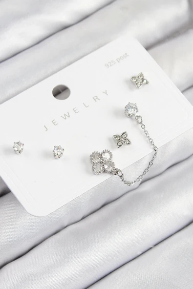 Pirinç Zirkon Taşlı Yonca Model Gümüş Renk 925 Ayar Gümüş Çivi Kadın Küpe Set