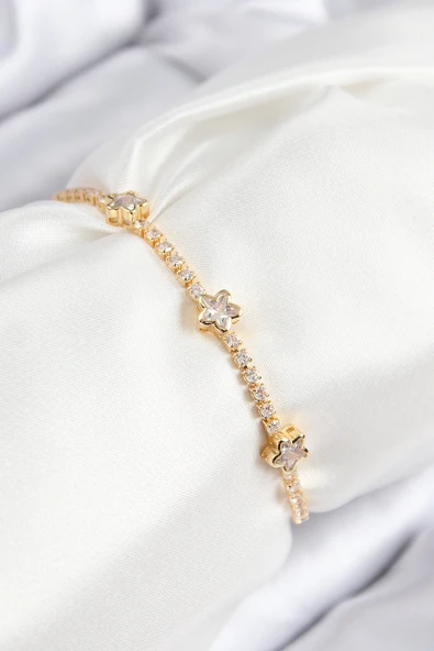 Pirinç Zirkon Taşlı Yıldız Model Gold Renk Asansörlü Kadın Bileklik ürün görseli 1