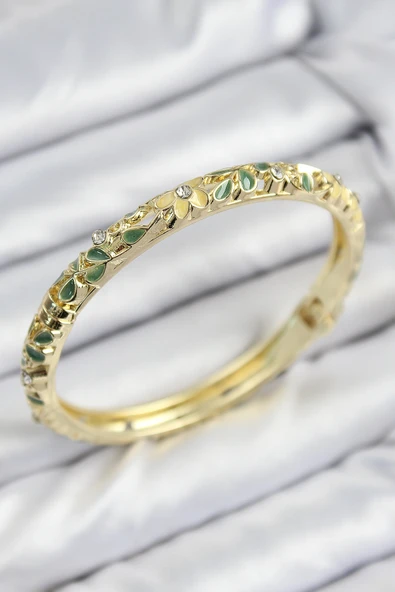 Mineli Pirinç Zirkon Taşlı Yeşil Sarı Çiçek Motifli Gold Kadın Kelepçe ürün görseli 1
