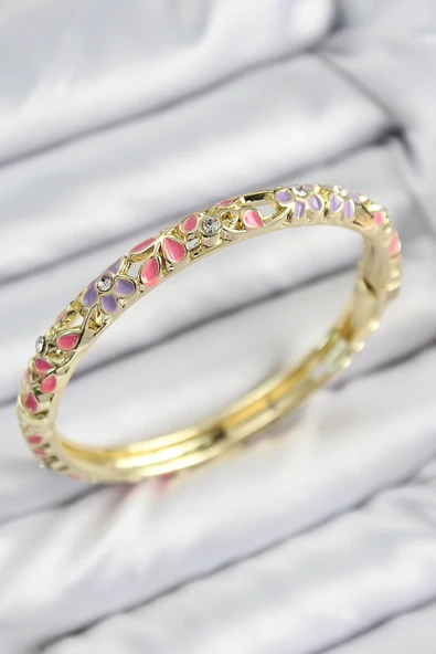 Mineli Pirinç Zirkon Taşlı Pembe Mor Çiçek Motifli Gold Kadın Kelepçe ürün görseli 1