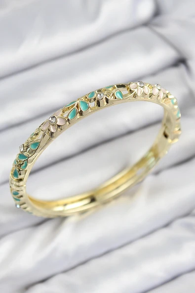 Mineli Pirinç Zirkon Taşlı Turkuaz Çiçek Motifli Gold Kadın Kelepçe ürün görseli 1