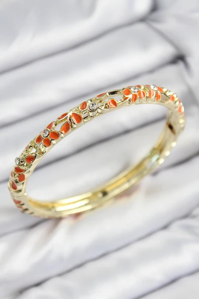 Mineli Pirinç Zirkon Taşlı Turuncu Çiçek Motifli Gold Kadın Kelepçe ürün görseli 1