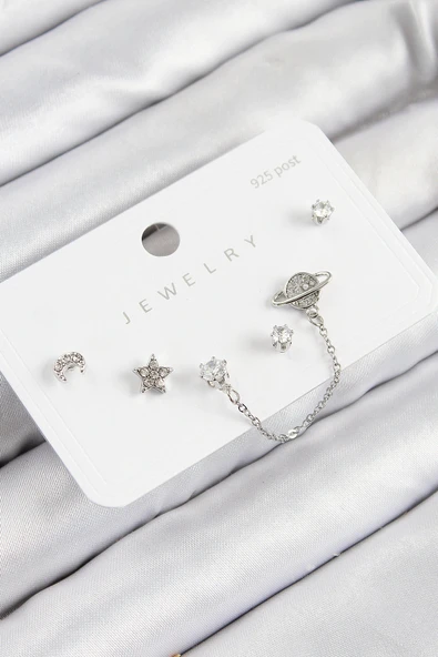 Pirinç Zirkon Taşlı Yıldız Ve Gezegen Model Gümüş Renk 925 Ayar Gümüş Çivi Kadın Küpe Set ürün görseli