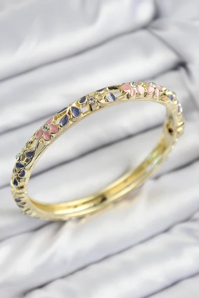 Mineli Pirinç Zirkon Taşlı Pembe Mor Çiçek Motifli Gold Kadın Kelepçe ürün görseli 1
