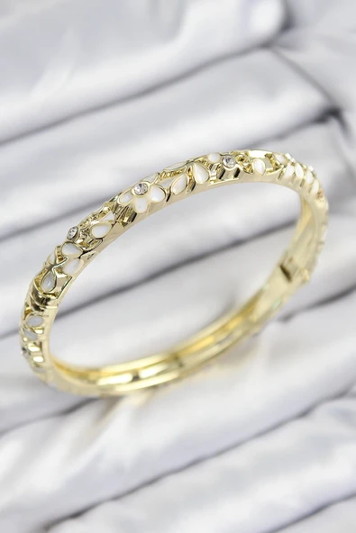 Mineli Pirinç Zirkon Taşlı Beyaz Çiçek Motifli Gold Kadın Kelepçe - 1