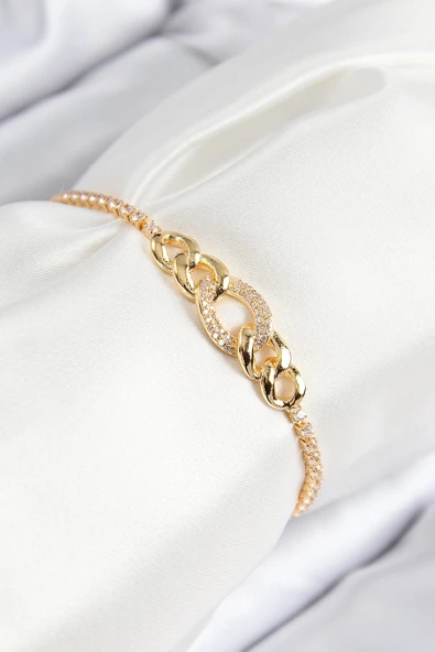 Pirinç Zirkon Taşlı Zincir Model Gold Renk Asansörlü Kadın Bileklik