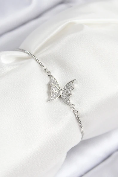 Pirinç Zirkon Taşlı Kelebek Model Gümüş Renk Asansörlü Kadın Bileklik