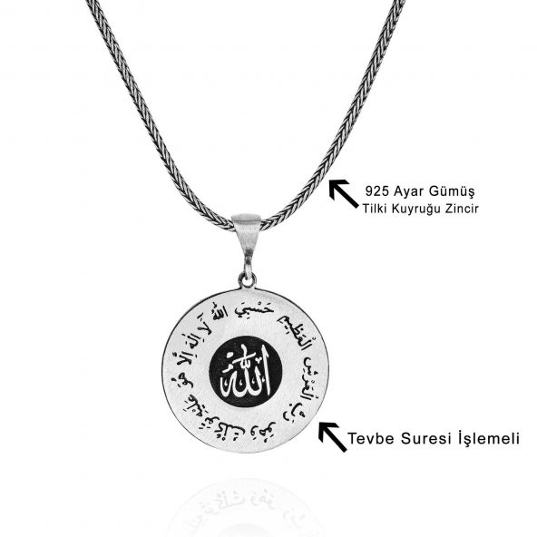 Allah Yazılı Tevbe Suresi İşlemeli 60 cm 925 Gümüş Kolye - 2